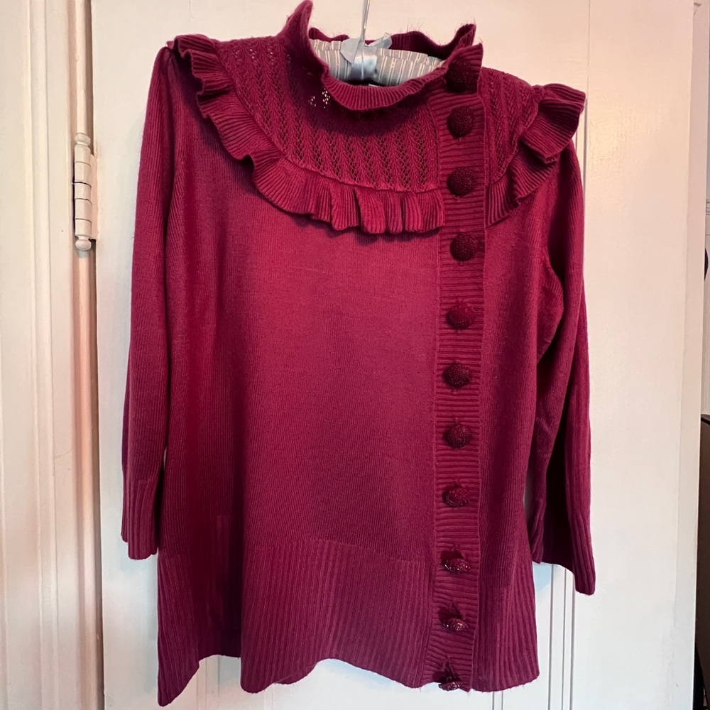 Vintage dELiA*s Burgundy Ruffle Sweater with Buttons. Large.